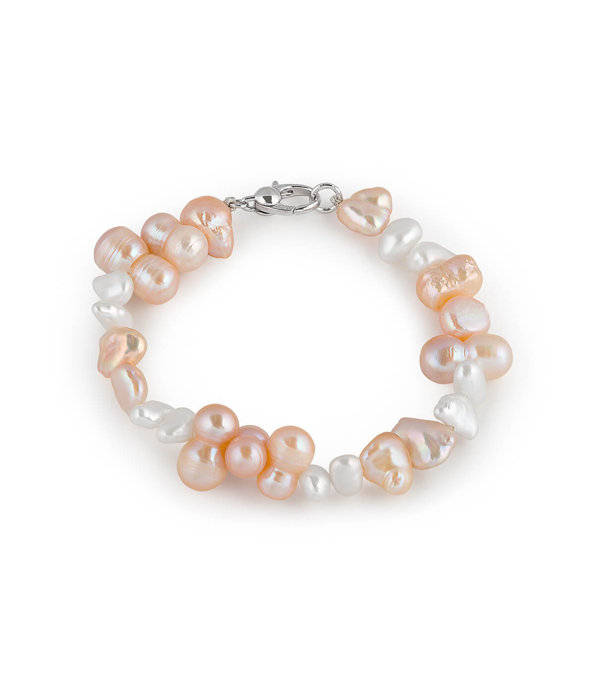 Pearl Bracelet Rhodium Plated Sterling Silver Lobster Clasp Peach White Baroque