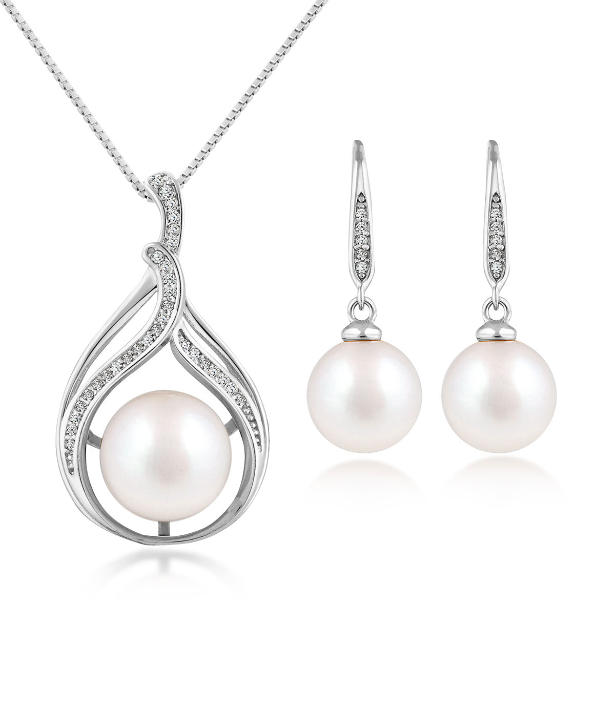 Bella Pearl Pendant Necklace and Earrings Set 925 Sterling Silver with Dazzling Zirconia
