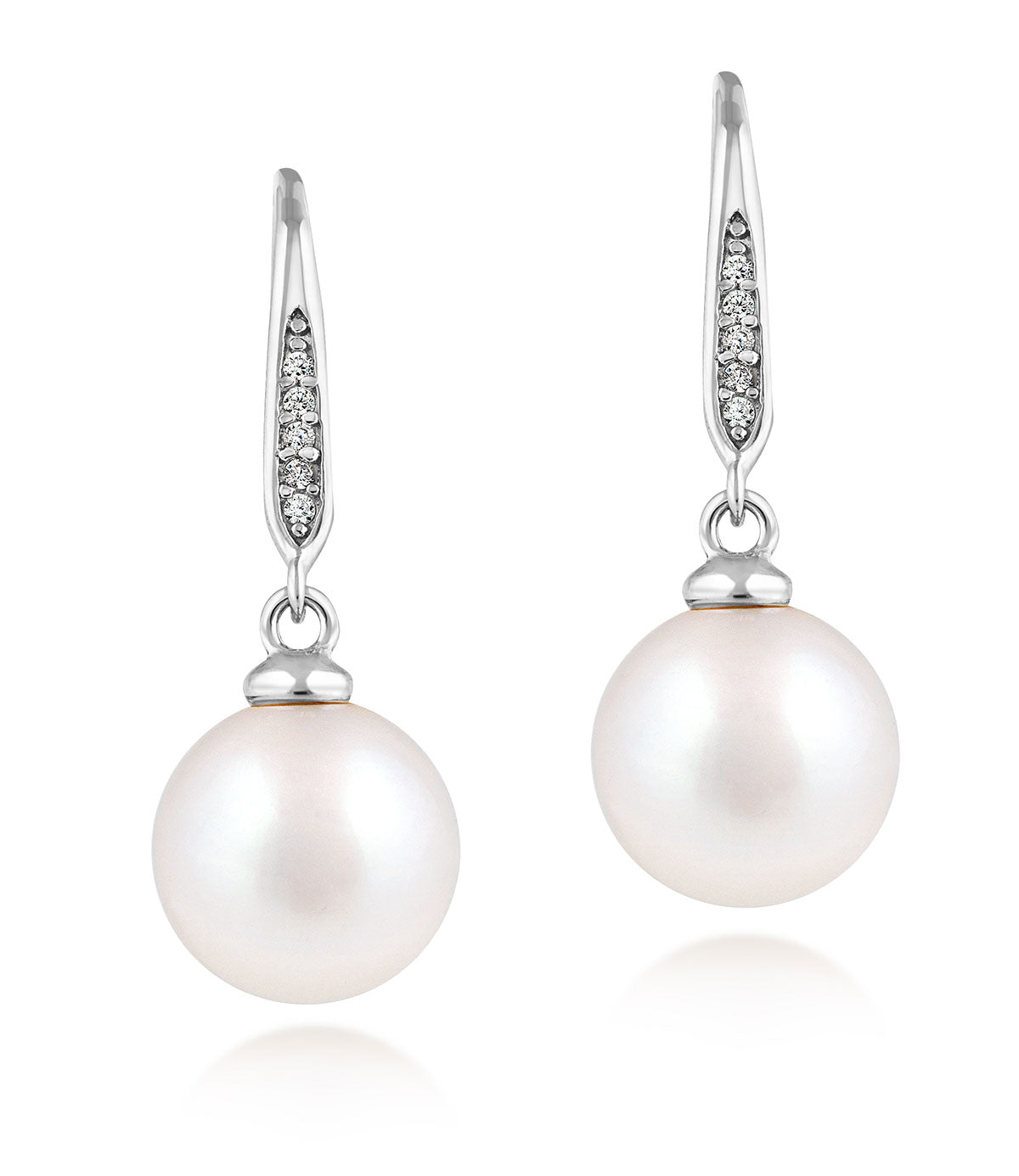 Pearl Drop Earrings Hook Back Rhodium Plated Sterling Silver with Cubic Zirconia