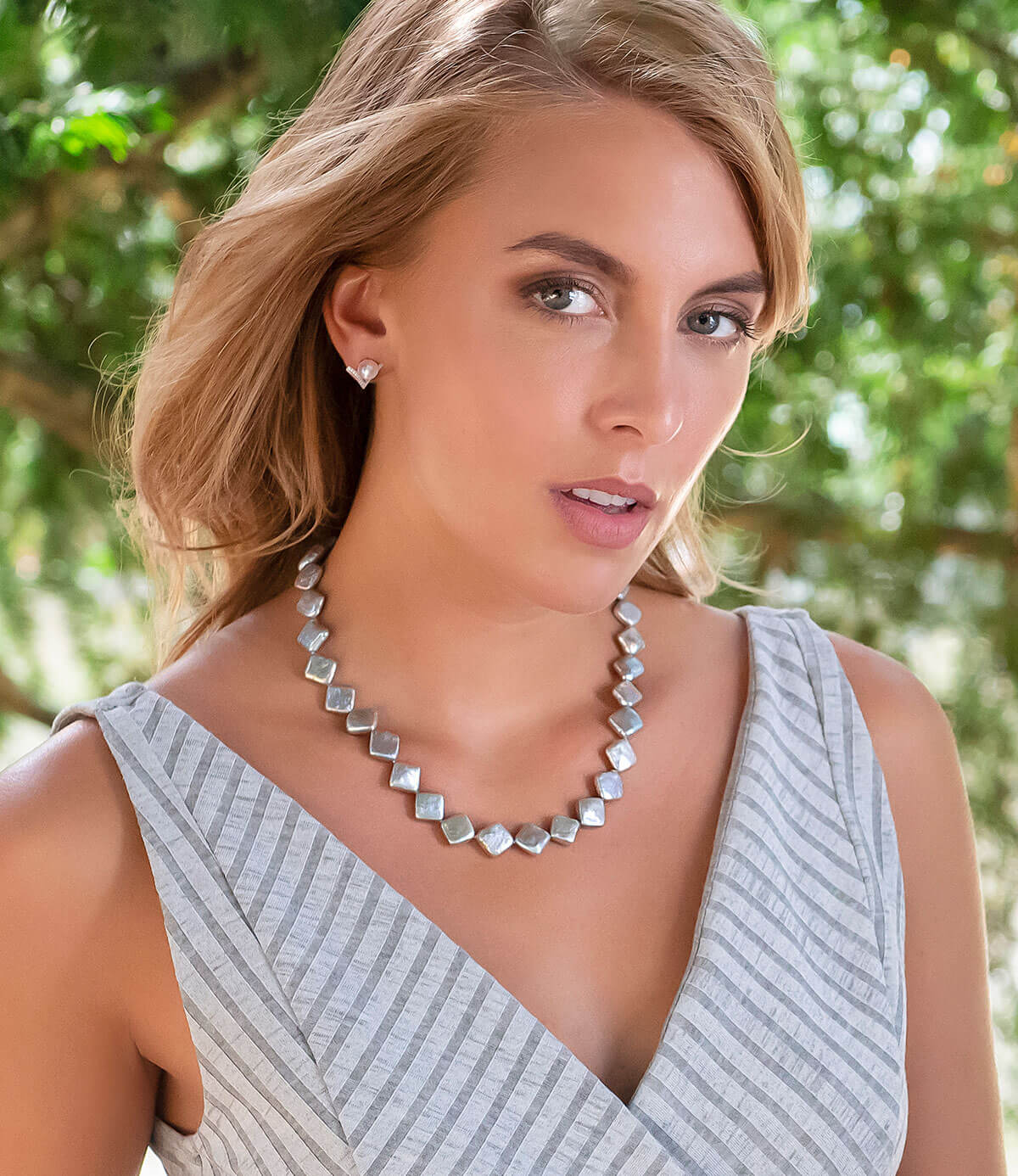 Edgy Grey Square Baroque Pearl Statement Necklace Metallic Shine Sterling Silver Cubic Zirconia Rock n Roll