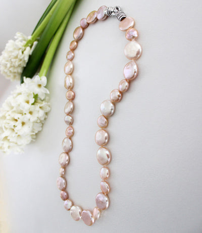Metropolis Peach Pearl Necklace Rhodium Plated Sterling Silver Clasp with Sparkling Cubic Zirconia