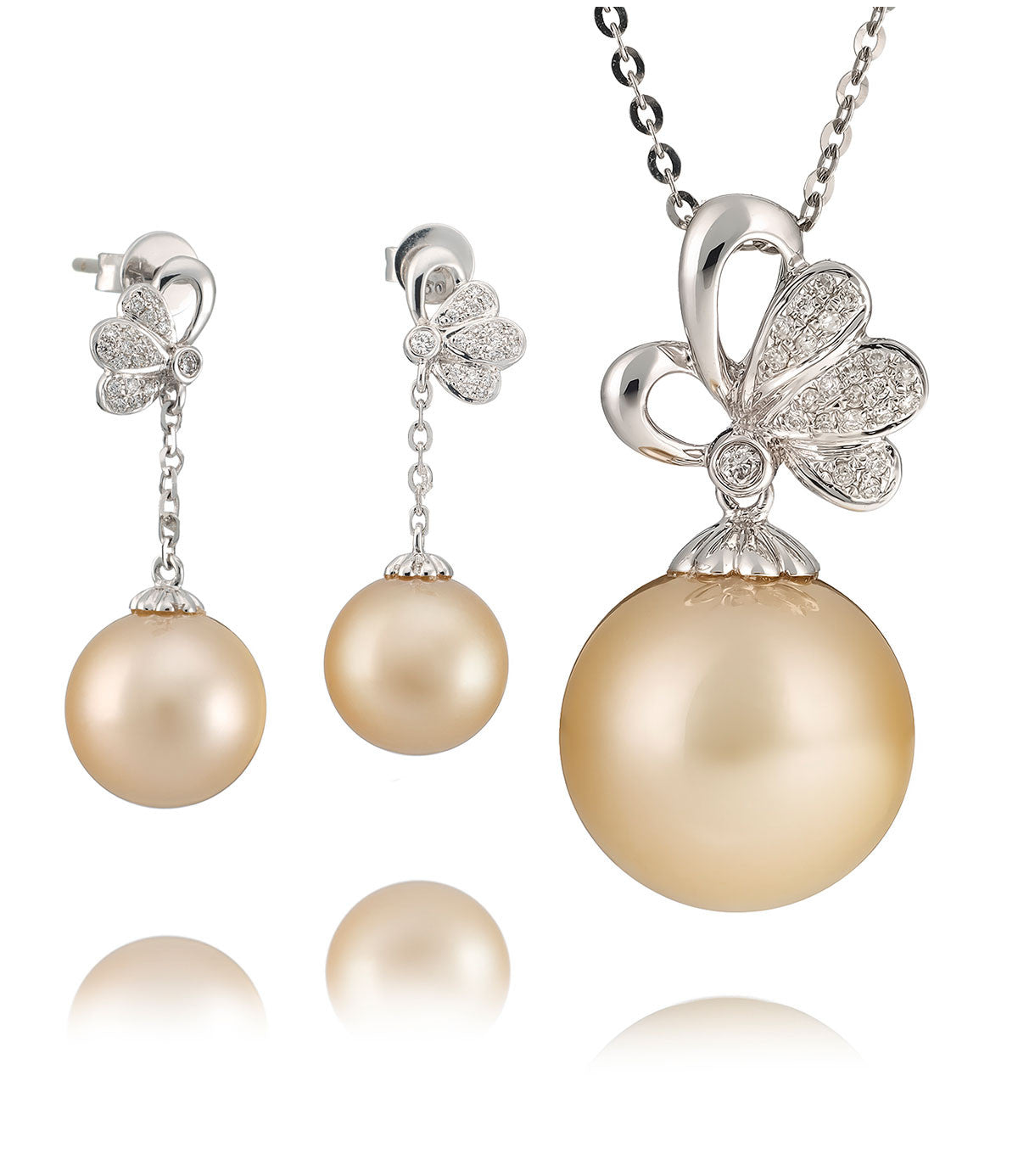 Golden South Sea Pearl & Diamond Necklace Earrings Set in 18k White Gold