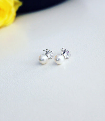 Pearl Stud Earrings Stellar Diamond Shine Cubic Zirconia Sterling Silver