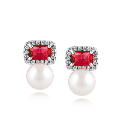 Ruby Earrings with Pearls Rhodium Plated Sterling Silver