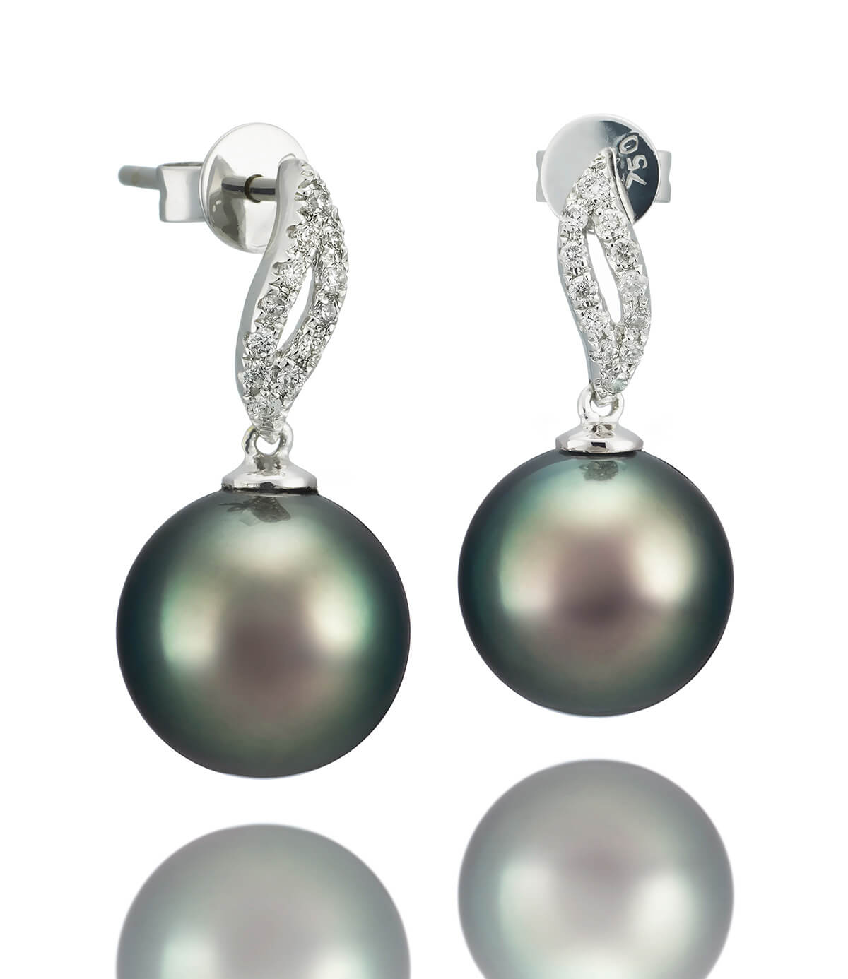 Tahitian Pearl and Diamond Earrings Leaf 18k White Gold